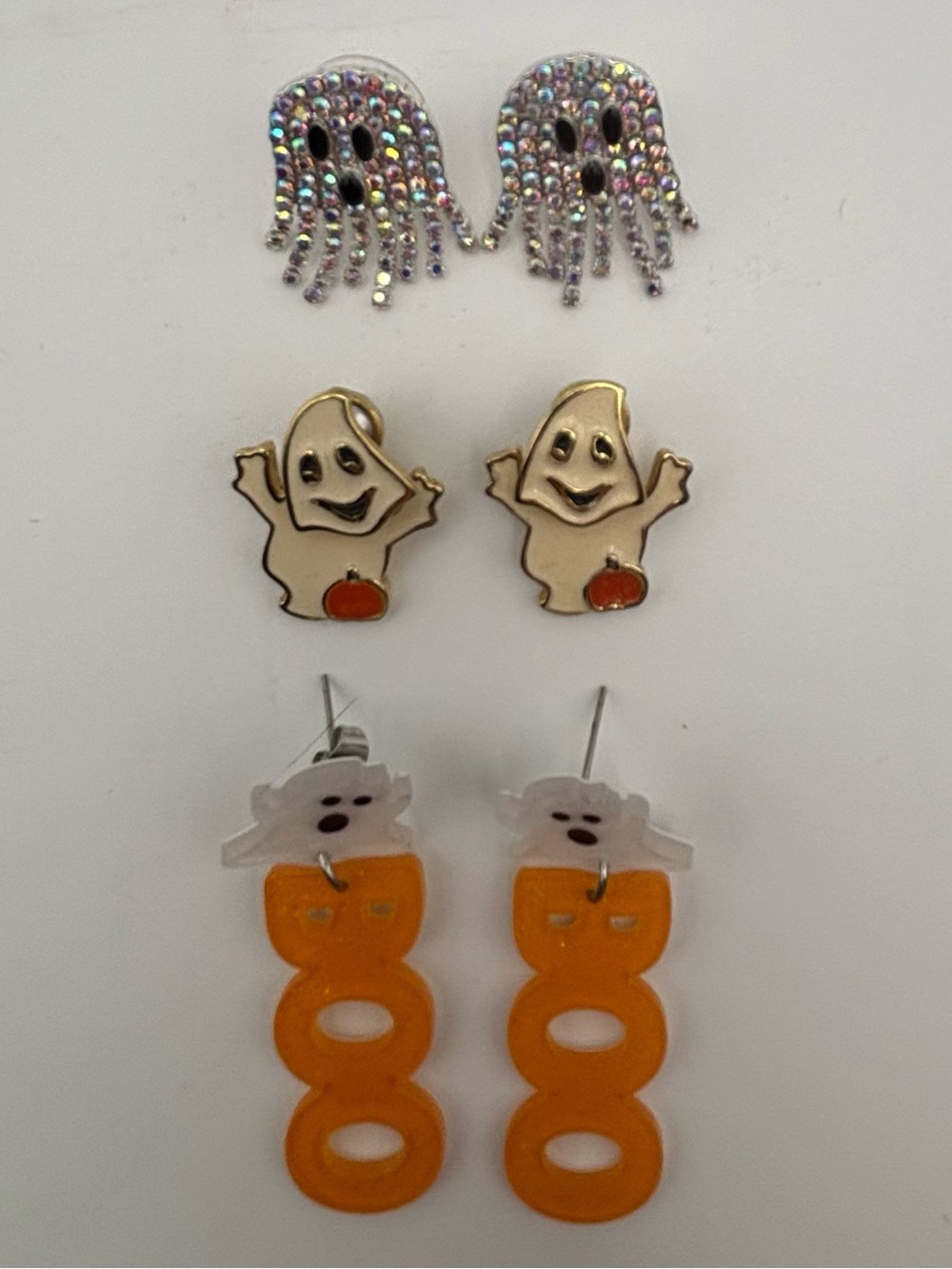 Halloween Ghost Stud Earrings Trio — White & Orange